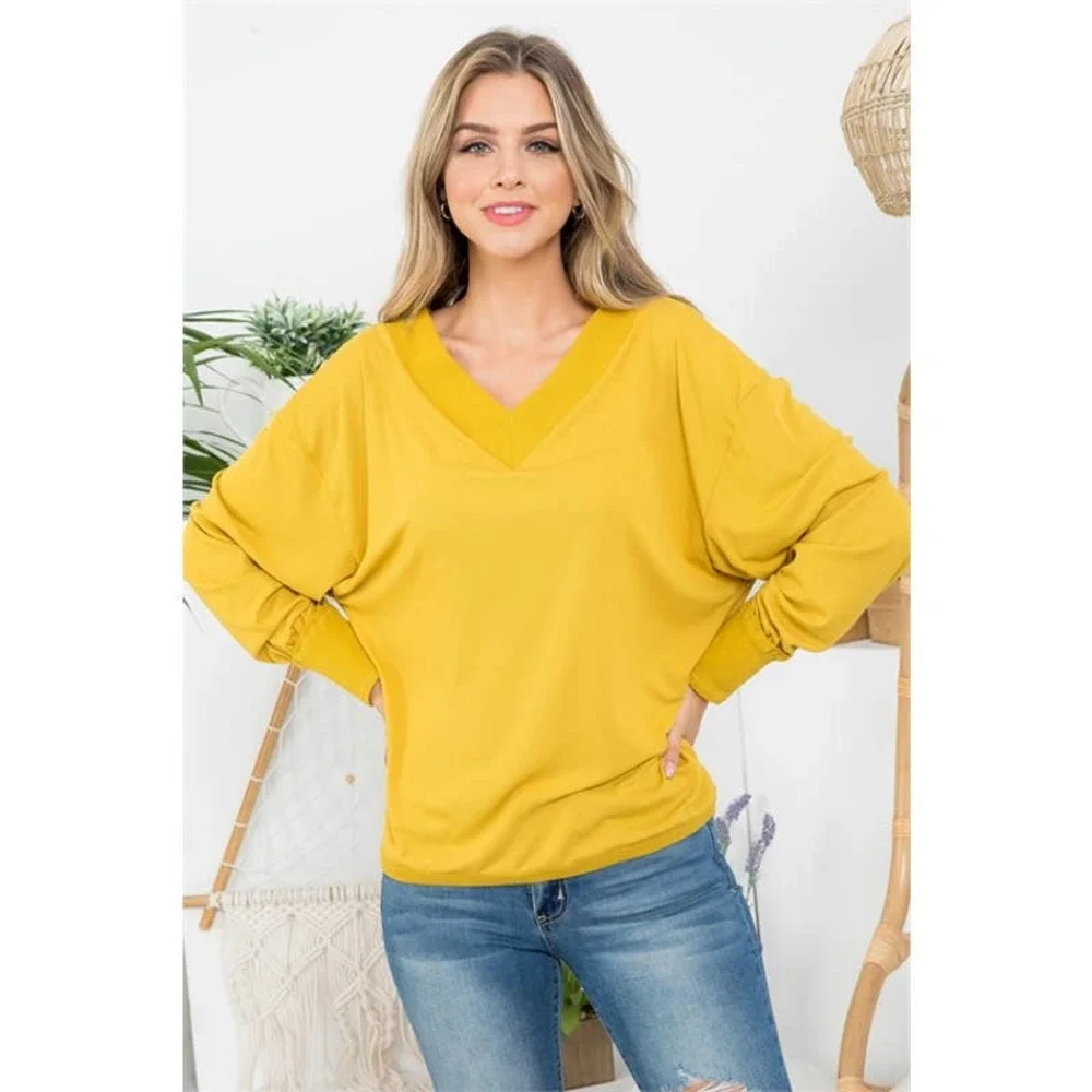 Mustard V-Neck Dolman Sleeve Top - Picture 2 of 8